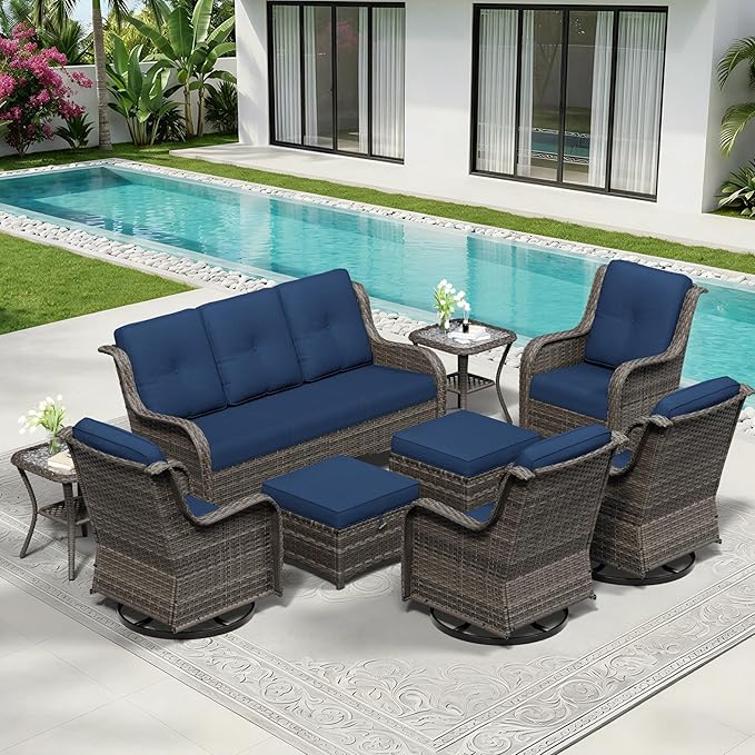 9 Piece Outdoor Wicker Patio Furniture Set, Outdoor Swivel Rocker Patio Chairs Set with Thickened Olefin Cushions, High Back and Deep Seating, Hand-Woven PE Rattan for Porch, Deck