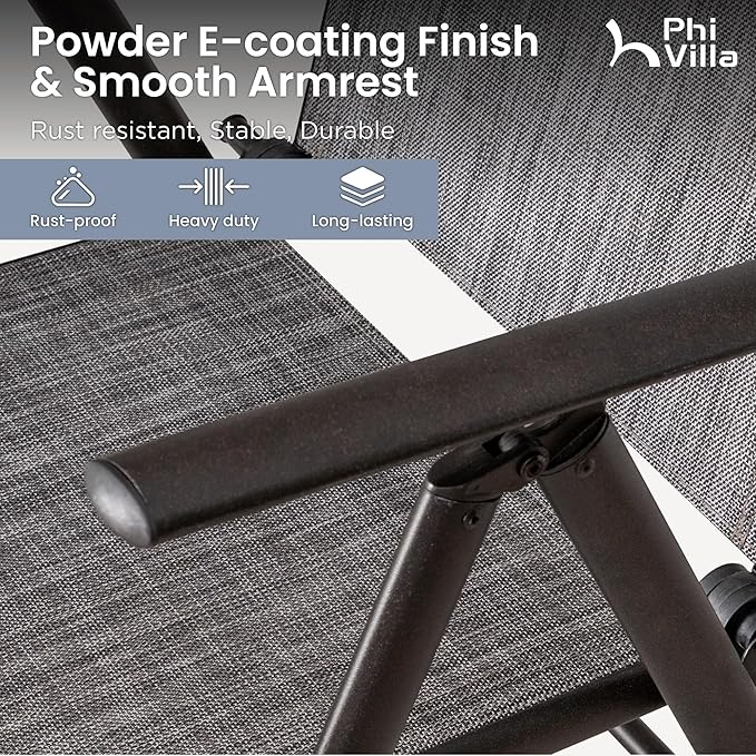 PHI VILLA Outdoor Patio Folding Chairs Set of 2, Portable Patio Dining Chairs with Adjustable Backrest for Outside, Garden, Lawn & Yard, No Assembly, Grey
