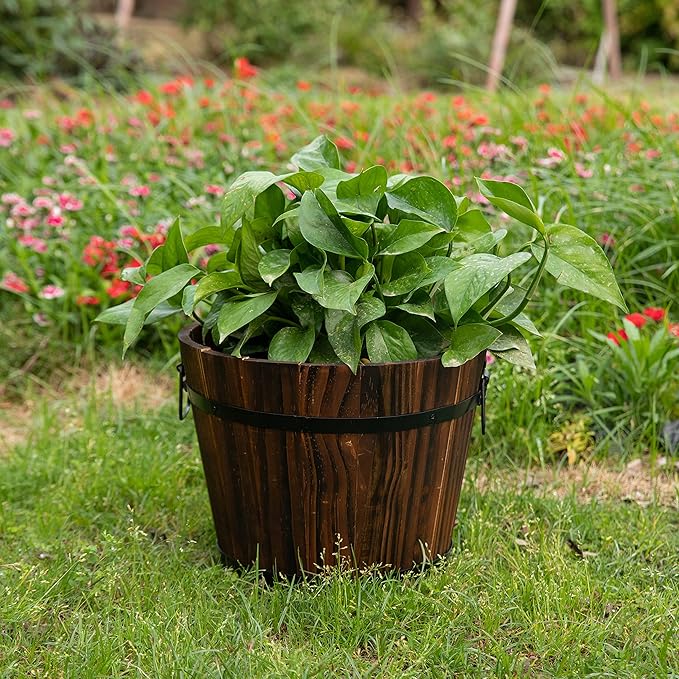 Rustic Wooden Whiskey Barrel Planter with Durable Medal Handles and Drainage Hole - Perfect for Indoor and Outdoor Plants, Herbs, and Vegetables - Small