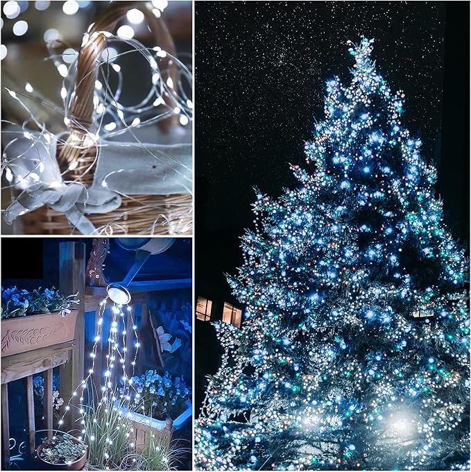 YAOZHOU Solar Fairy String Lights for Outside, Outdoor Waterproof, Cool White 2Pack Total 200LED 66Ft 8 Modes Mini Mini Small Solar Powered Lights for Christmas, Garden, Patio, Fence, Balcony