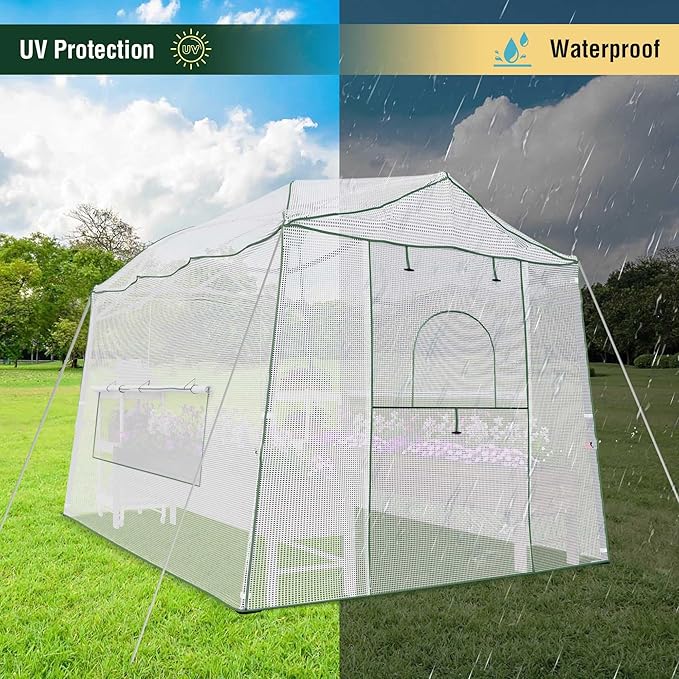 11 x 8.5 x 7.5 FT Walk-in Greenhouse, Portable Pop-up Greenhouse for Indoor Outdoor, Plant Garden Green House with Zippered Doors, Screen Windows, Heavy Duty Frame and Durable PE Cover