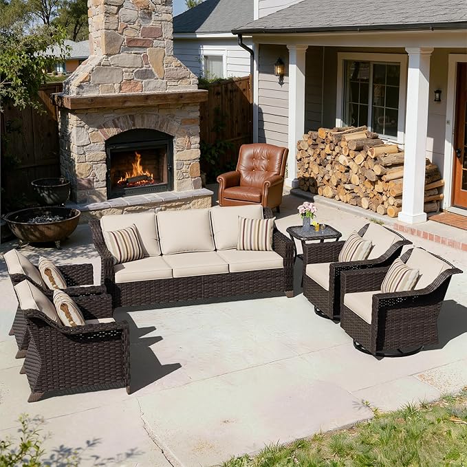 6 Pieces Patio Conversation Furniture Set - 1 Sofa, 2 Swivel Chairs, 2 Armchairs, 1 Side Table, Outdoor Wicker Furniture with Removable Cushions for Porch, Balcony, Sunroom (Beige)
