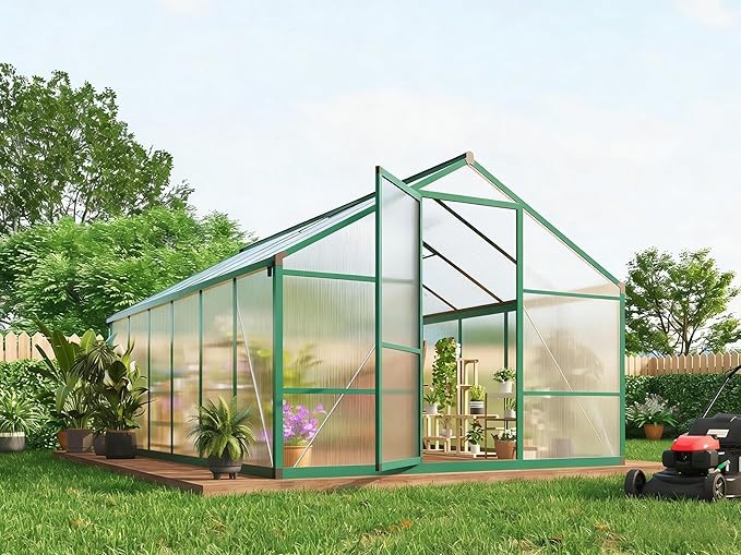 Greenhouse, 8x12 FT Greenhouse for Outdoors, Walk-in Green House with Ground Nails and Vent Windows, Sliding Lockable Door, Polycarbonate Greenhouses for Outside Garden Backyard, Quick Setup, Green