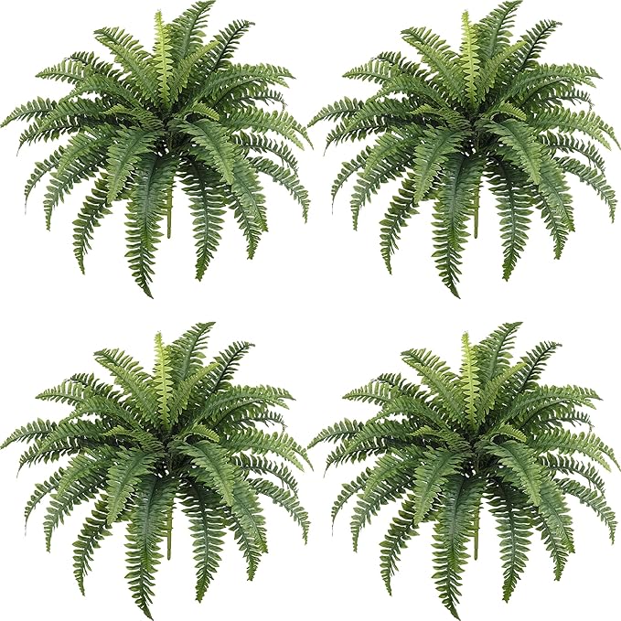 Richeerca Fake Ferns, 35IN Realistic Fake Bush Plants, 4 Faux Ferns with 39 Fronds for Outdoors Garden Planter Porch Entrance Home Decor