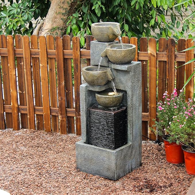 YZM 37.4" H 5-Tier Cascading Bowl Outdoor Water Fountain with LED Lights Freestanding Water Feature for Garden, Patio, Deck and Yard Decor