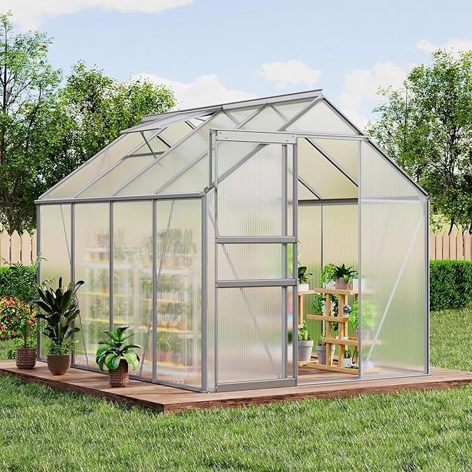 CABIHOME 6 x 8 FT Greenhouses for Outside, Polycarbonate Greenhouse with Aluminum Frame, Sliding Door, Adjustable Roof Vent, Backyard Green Houses, Patio Garden, Silver