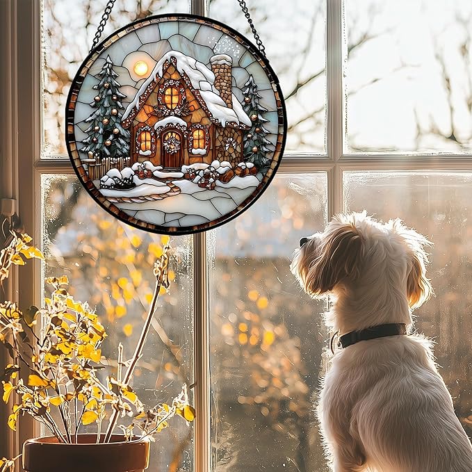 AMDERVEN Stained Glass Window Hanging - Christmas Tree Cottage Sun Catcher for Door Garden Home Winter Decor Snowy Night Suncatcher Mother's Day Birthday Gifts for Women Men Mom Nana 6.3 in
