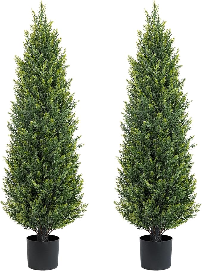 Two 4ft Artificial Topiary Tree Fake Bushes Potted Plants UV Resistant Faux Cedar Trees Artificial Outdoor Shrubs for Front Porch Garden