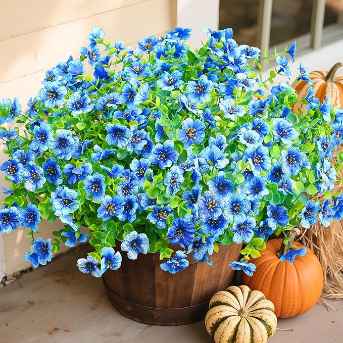 florisso Artificial Fake Plants Flowers for Outdoor Outside Summer Decoration, 12 Bundles Faux Silk Blue Daisy UV Resistant Look Real for Porch Patio Home Yard Garden Planter