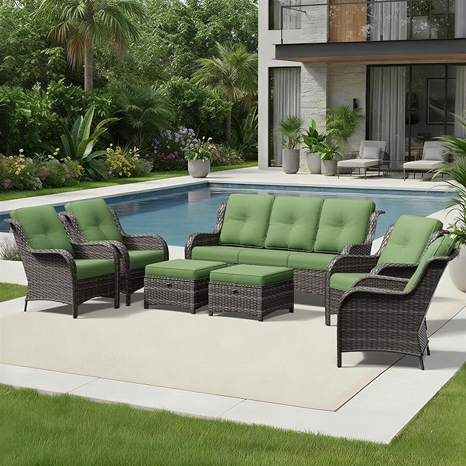 Joyside 7 Piece Wicker Patio Furniture Set, Rattan Patio Chairs with High Back, Deep Seating, Wide Armrest, Thickened Cushions, Outdoor Furniture for Deck, Porch Use