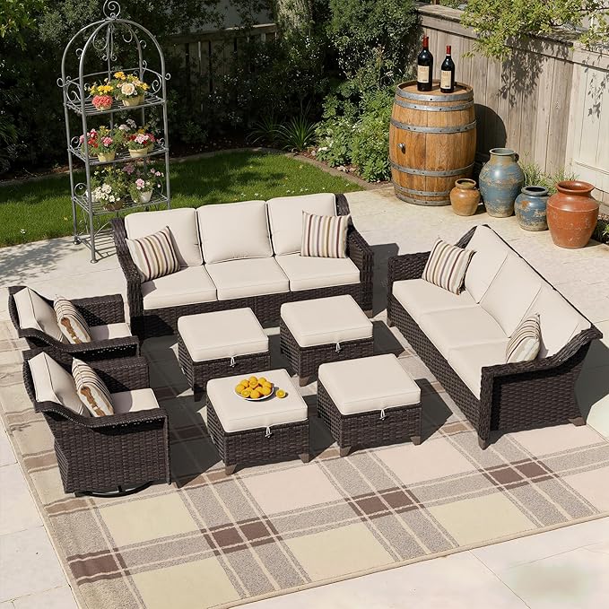 8 Pieces Patio Conversation Furniture Set - 2 Sofas, 4 Ottomans, 2 Swivel Chairs, 1 Side Table, Outdoor Wicker Furniture with Removable Cushions for Porch, Balcony, Sunroom (Beige)