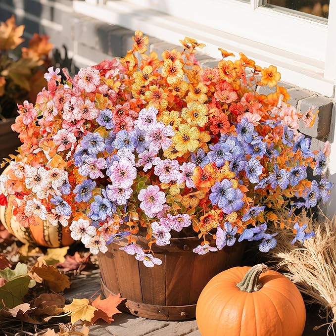florisso Artificial Fall Flowers Fake Mums for Outdoor Autumn Decoration, 12 Bundles Faux Silk Orange Yellow Mums Daisy Look Real UV Resistant for Outside Home Porch Patio Planter (Fall-6multicolor)