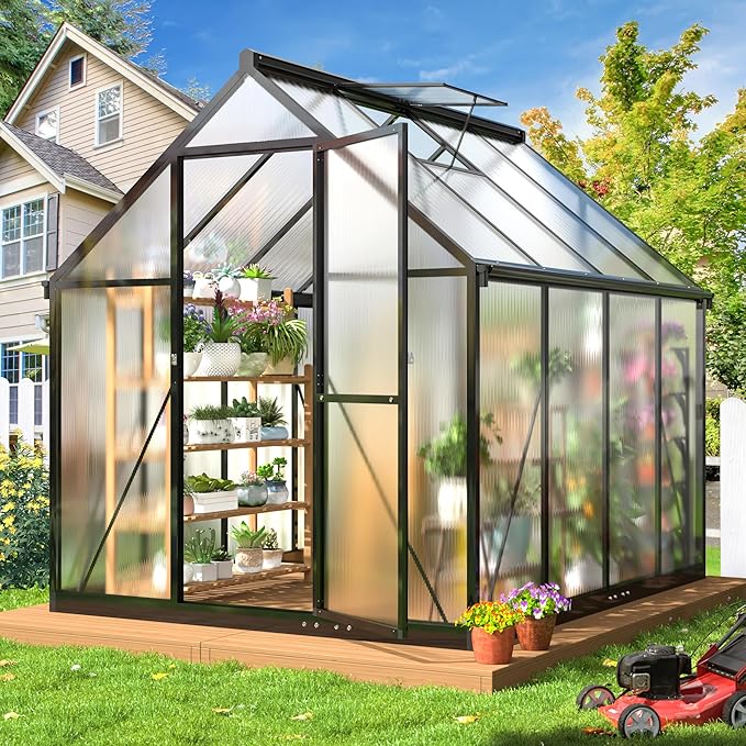 WKM 5.8x7.3 FT Greenhouse for Outdoors, Quick-fit Structure Polycarbonate Greenhouse with Window for Ventilation, Walk-in Aluminum Green House for Outside Garden Backyard, Black