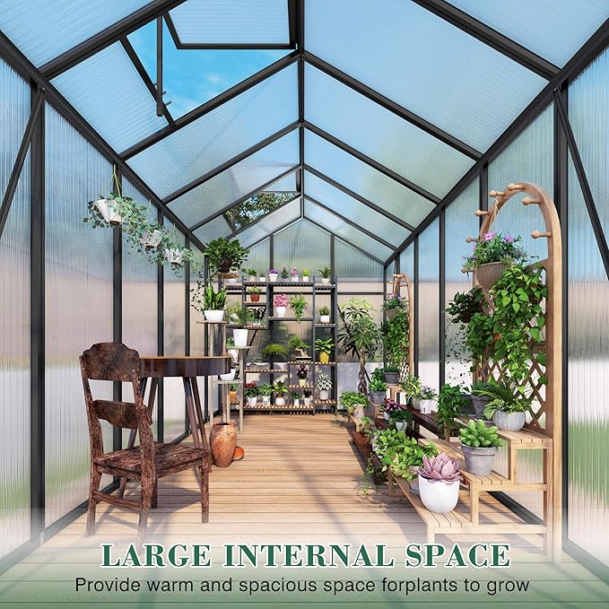 6x12x7 FT Greenhouse, Polycarbonate Greenhouse for Outdoors with Stronger Wind Protection and Roof Vent, Walk-in Large Aluminum Sunroom Winter Proof, Black