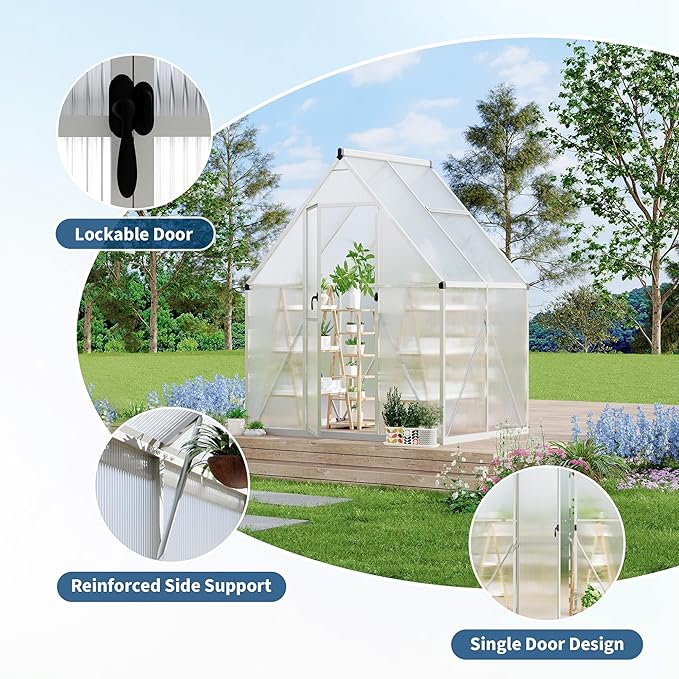 6X4 ft Polycarbonate Greenhouse with Aluminum Frame, Polycarbonate Greenhouse for Outdoors, Greenhouses with Ventilation, Aluminum Large Walk-in Greenhouses for Outside