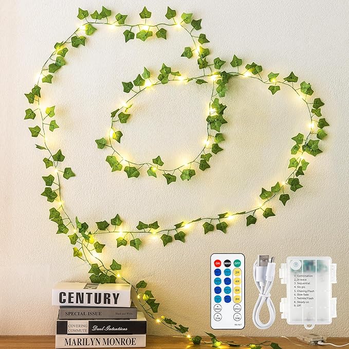 Vines with Fairy Lights,13ft Ivy Garland String lights with Remote,40 LED Fake Leaf lights USB/Battery Operate for Dorm,Bedroom,Wall,Celling,Curtain,Photo, Wedding,Christmas Decor(Warm White)