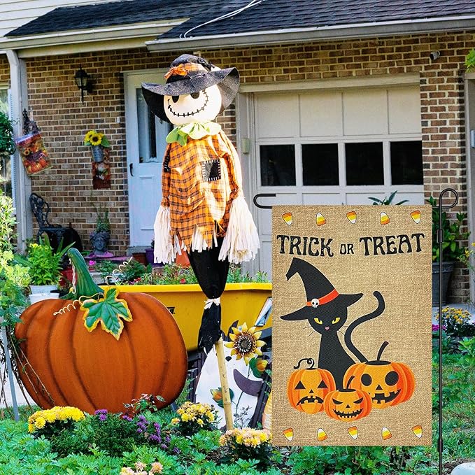 Halloween Trick Or Treat Black Cat and Pumpkins Burlap Garden Flag, Double Sided 12×18 Inch Halloween Jack-O-Lantern, Outside Small Yard Outdoor Flags Porch Lawn Yarde Decoration