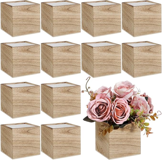 Suzile 12 Set 4 Inch Wooden Planter Box Flower Square Vases for Centerpiece Rustic Cube Planter Box with Removable Foam Blocks Liner Square Vase Craft for Garden Home(Wood Color)