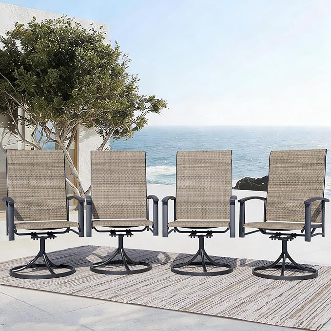Outdoor Swivel Dining Chair Set of 4, All Weather Patio Dining Chair with Textilene High Back and Metal Frame for Backyard, Lawn Garde and Deck, Mocha