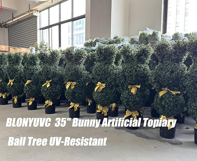 BLONYUVC 36'' Artificial Bunny-Shaped Topiary Double Ball Tree Pot UV-Resistant Bowknot Faux Boxwood Topiaries Plant for Porch Decor Outdoor/Indoor 2 Pack