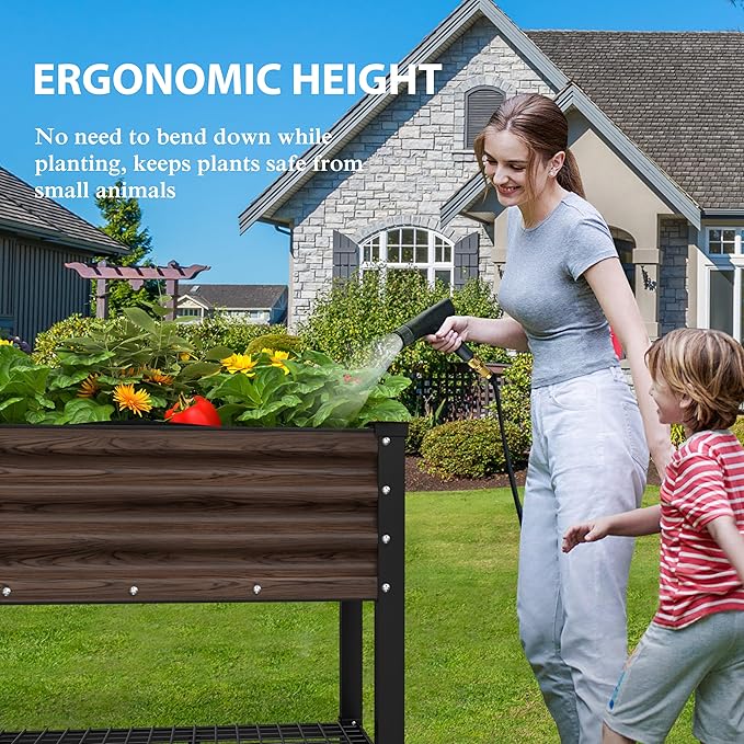48" W x 24" D x 34" H Galvanized Raised Garden Bed with Lockable Wheels, Raised Garden Beds Outdoor with Drainage Gaps & Shelf, Planter Boxes Outdoor for Backyard, Patio, Balcony, Rustic