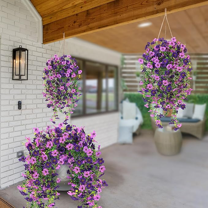 Artificial Fake Hanging Flowers Plants for Outdoor Outside Spring Summer Decoration 2PCS Faux Silk UV Resistant Realistic Mums Daisy with Eucalyptus for Home Porch Patio Balcony(Purple & Magenta)