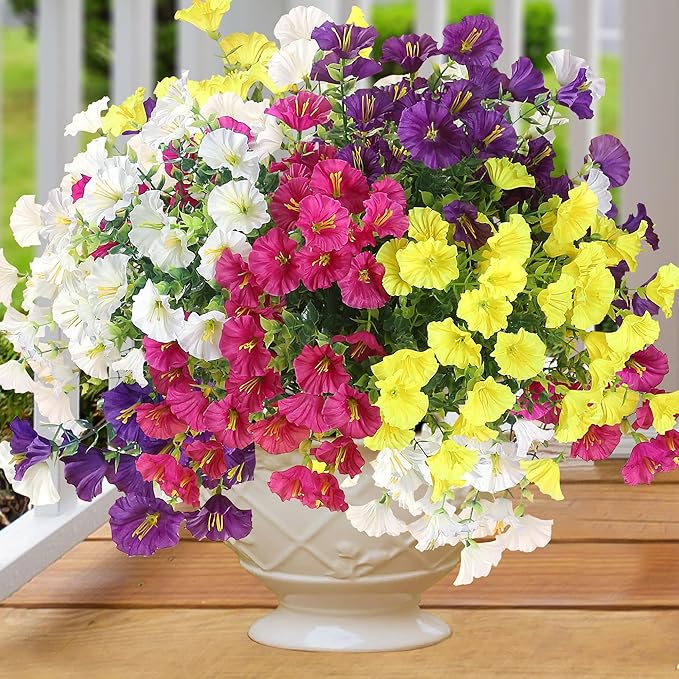 Artificial Flowers for Outdoors 12 Bundles Realistic Faux Plants UV Resistant Fake Silk Morning Glory with Eucalyptus for Front Door Planter Patio Porch Spring Summer Decoration (4 Mixed Color)