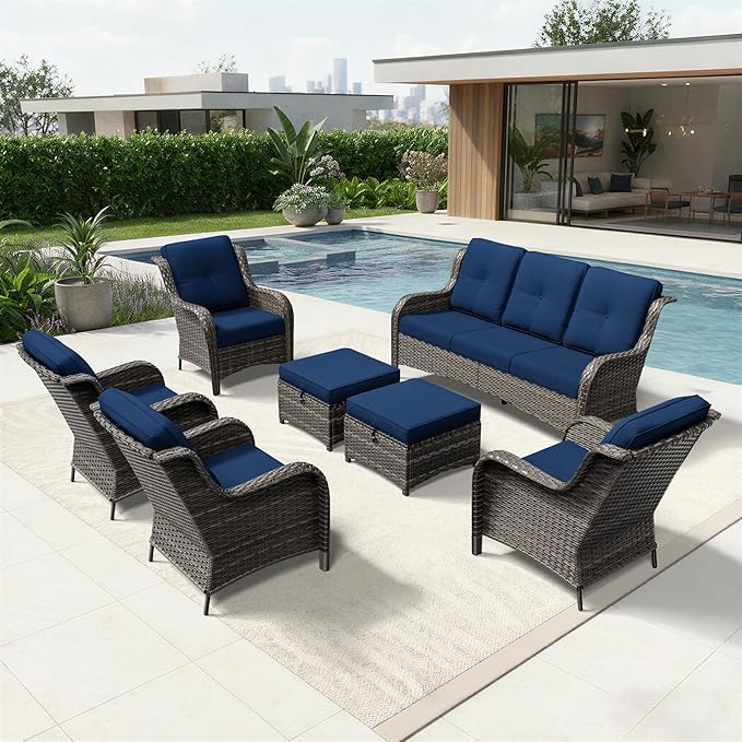 Joyside 7 Piece Wicker Patio Furniture Set, Rattan Patio Chairs with High Back, Deep Seating, Wide Armrest, Thickened Cushions, Outdoor Furniture for Deck, Porch Use