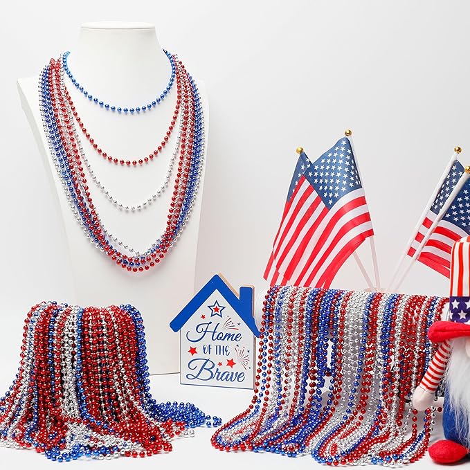 120 PCS 4th of July Necklace, 33" Red Silver Blue Metallic Beaded Necklaces, Independence Day Party Accessories Patriotic Bead Necklace for Memorial Day Fourth of July Parades Party Supplies