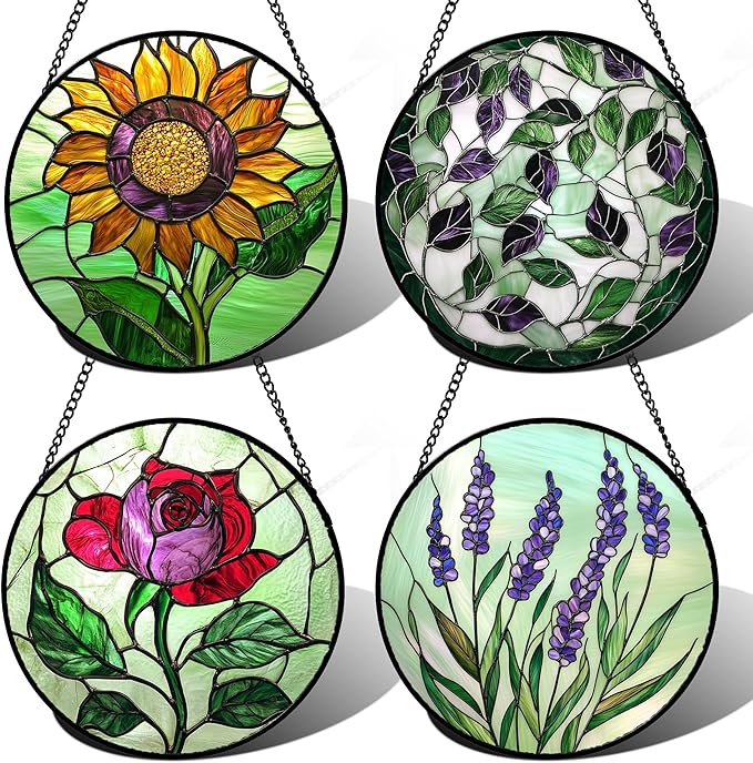 AMDERVEN Stained Glass Window Hanging 4 Pcs Set Red Roses Yellow Sunflowers 6.3" - Flower Suncatcher Door Garden Sun Catcher Decor Birthday Mother's Day for Mom Woman Nana Girl