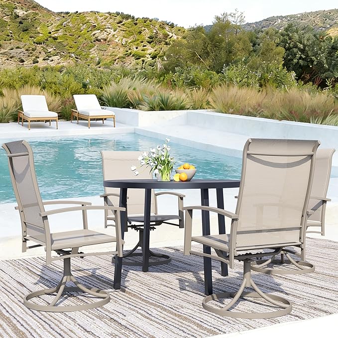 Patio Swivel Chairs Set of 2, All-Weather Metal Outdoor Dining Set with Breathable Mesh Seat, Lightweight Ivory Swivel Bistro Chairs for Garden, Deck, Porch - Cool & Comfortable Relaxation