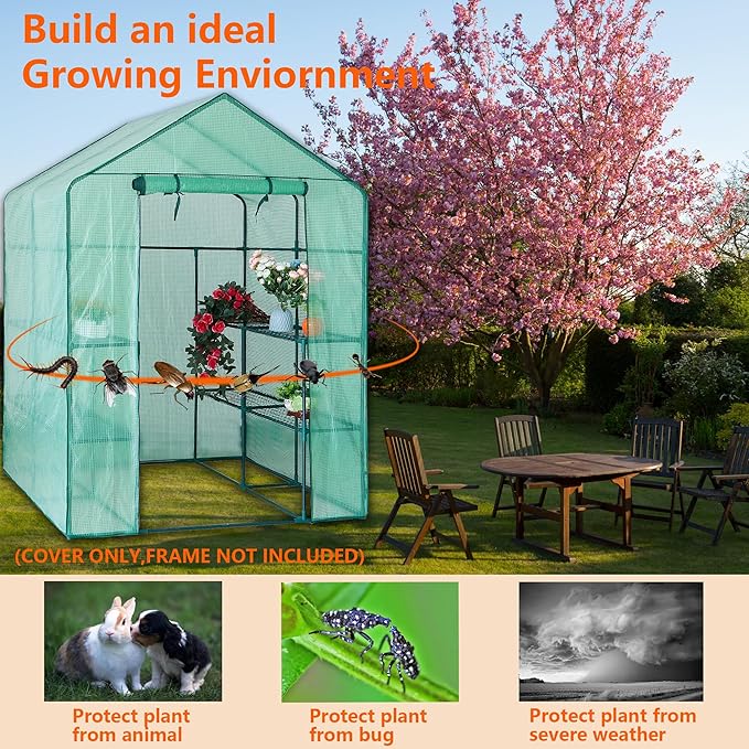 Greenhouse Replacement Cover, 56×56×76 Inch PE Walk-in Greenhouse Cover for Gardening Plants w/Roll-Up Zipper Door, Waterproof Frost Protection Wind Rain Proof, Easy Assembly (No Frames Include)