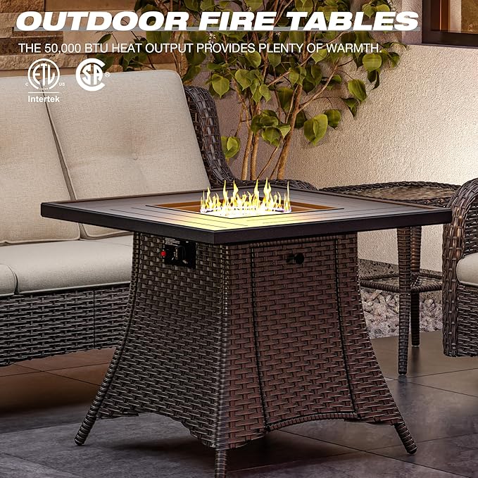 Joyside 3 Piece Wicker Patio Furniture Set with Fire Pit Table, Rattan Patio Chairs with High Back, Deep Seating, Wide Armrest, Thickened Cushions, Outdoor Furniture for Deck, Porch Use