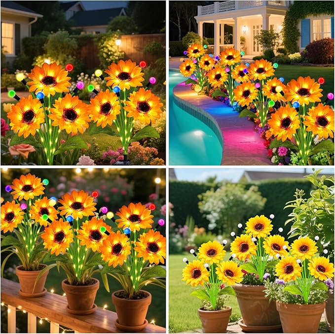 Solar Garden Lights-4 Pack Solar Sunflowers with Multicolor Changing Swaying Firefly Lights,Christmas Birthday Gifts for Mom Women,Waterproof Firefly Sunflower Light for Outdoor Patio Yard Decor