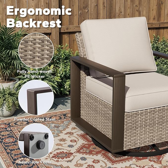 Outdoor Patio Swivel Rocker Chairs, 7 Pieces Wicker Furniture Set, 4 Swivel Rocking Chairs, 1 Sofa and 2 Ottoman, Metal Wide Armrest, Thick Cushions and Deep Seating for Garden, Backyard, Porch, Deck