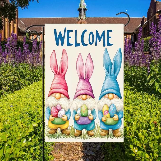 Happy Easter Garden Flag 12 x 18 inch Double Sided Three Cute Gnomes Yard Flag Welcome Easter Colors Egg Garden Flag for Home Lawn Outdoor Decorations