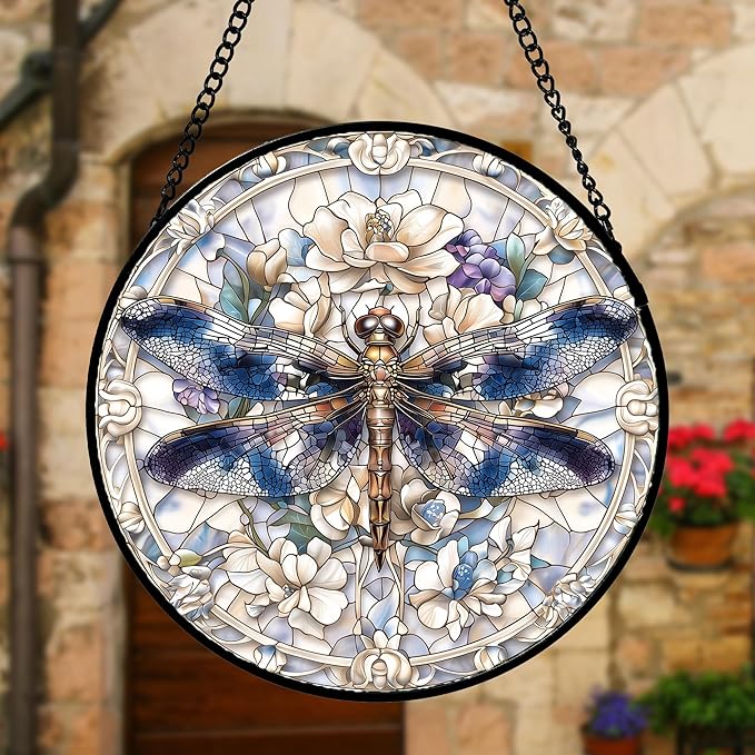 Stained Glass Window Hanging, Dragonfly Flower Suncatcher for Doors Home Sun Catchers Decoration and Christmas, Mother's Day Birthday Gifts for Women, Men, and Mom 6.3 in