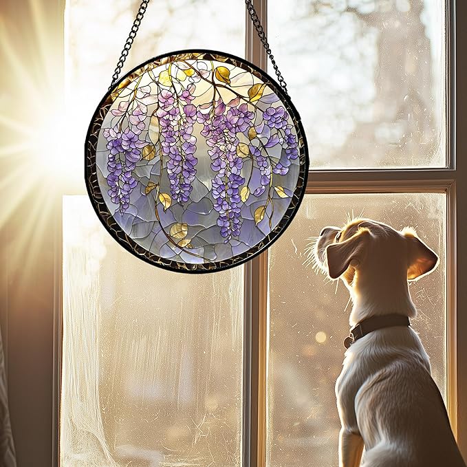 AMDERVEN Stained Glass Window Hanging - Wisteria Flower Golden Leaves Sun Catcher for Door Home Decor Plant Suncatcher Christmas Mother's Day Birthday Gifts for Women Men Lovers Mom Nana 6.3 in