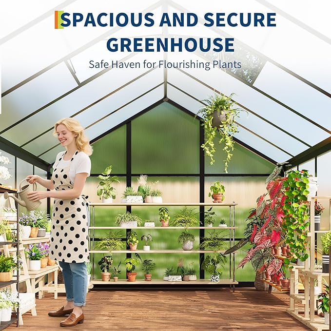 8 X 10 FT Greenhouse, Outdoor Greenhouses, Polycarbonate Panels with Aluminum Frame, Adjustable Roof Vent and Lockable Door, Green Houses for Outside Backyard, Garden, Black