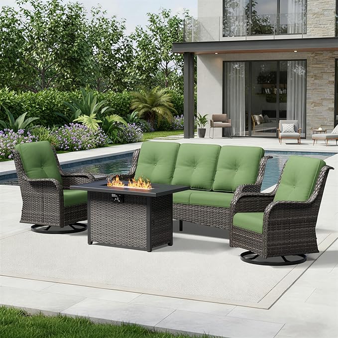 Joyside 5 Piece Wicker Patio Furniture Set with Fire Pit Table, Outdoor Swivel Rocker Patio Chairs with High Back, Deep Seating, Wide Armrest, Thickened Cushions, Outdoor Furniture for Deck, Porch Use