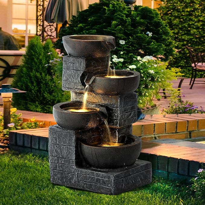 MAGIC UNION Outdoor Water Fountain, 4 Tiers Cascading Bowls Waterfall Indoor Fountain Garden Decor w/LED Lights, Outside Patio Resin Stacked Stones Fountains for Yard, Deck and Porch (Brown)