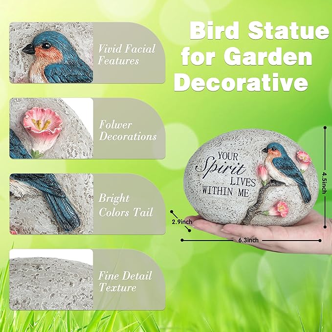 Bluebird Memorial Garden Stone Decoration,Sympathy Gift for Loss of Loved One,Outdoor Tribute Plaque with "Your Spirit Lives Within Me" Engraving,Spirit inspirational Memorial blue bird figurine