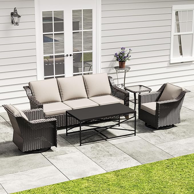 5 Pieces Outdoor Conversation Furniture Set - 77" Patio Sofa, 2 Swivel Rocker Chairs, 1 Side Table, 1 Metal Coffee Table, Patio Wicker Couch Set with Washable Cushions for Porch (Beige)
