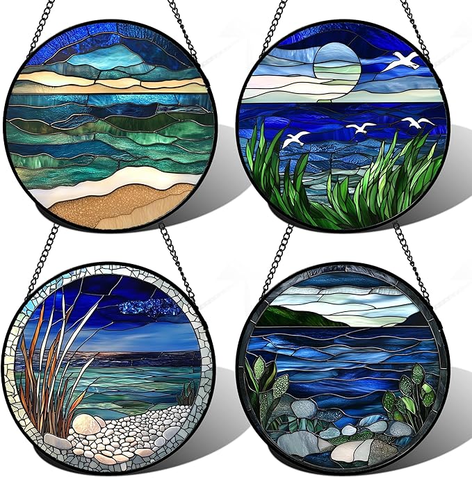 Stained Glass Window Hanging 4 Pcs Set Navy Blue Ocean Landscape Large 15" - Suncatcher Door Garden Sun Catcher Decor Birthday Mother's Day for Mom Woman Nana Girl Boy Friend