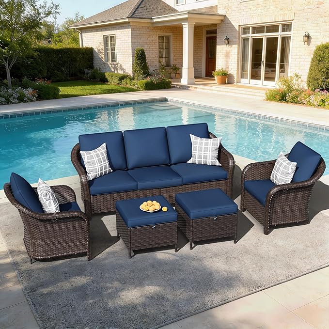 5 PCS Outdoor Conversation Set | 78" Couch, 2 Chairs, 2 Ottomans, Patio Wicker Conversation Furniture with Removable Cushions for Bistro, Deck, Sunroom (Navy Blue)