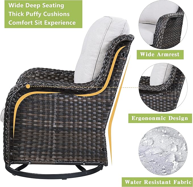 Rilyson Wicker Patio Furniture Set - 5 Piece Rattan Outdoor Sectional Conversation Sets with 2 Swivel Rocking Chairs,2 Ottomans and 1 Side Table for Porch Deck Garden(Brown/Beige)