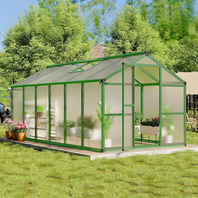 8X12 FT Greenhouse for Outdoors, Walk-in Greenhouse Kit with Aluminum Frame, Polycarbonate Panels, Adjustable Roof Vent, Sliding Door, Secure Lock for Outside Garden, Patio, Backyard