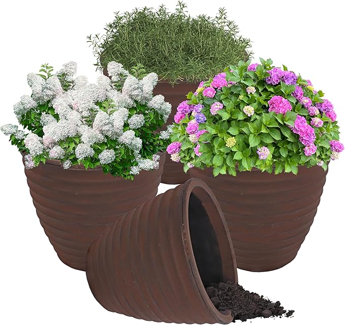 Sunnydaze Ribbed 13" Outdoor Plant Pot - Polyresin Double-Walled Planter for Indoor or Outdoor Use - Rust - Set of 4