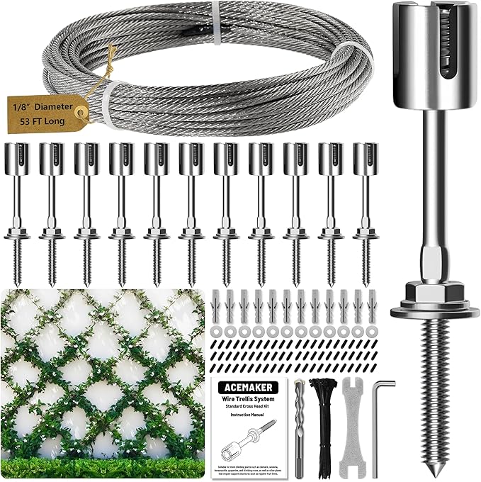Acemaker Wire Trellis for Climbing Plants Outdoor, 12-Set Wall Wire Trellis Kit with 1/8in x 53ft Stainless Steel Cable, T316 Espalier System for Fence and Garden DIY Projects