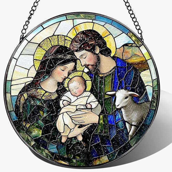 8-Inch Nativity Scene Stained Glass Suncatcher Ornament, Christian Stained Glass Window Hanging, Religious Ornament, Christmas Hanging Decor — Gifts for Christmas, Christian Gift, Religious Gift